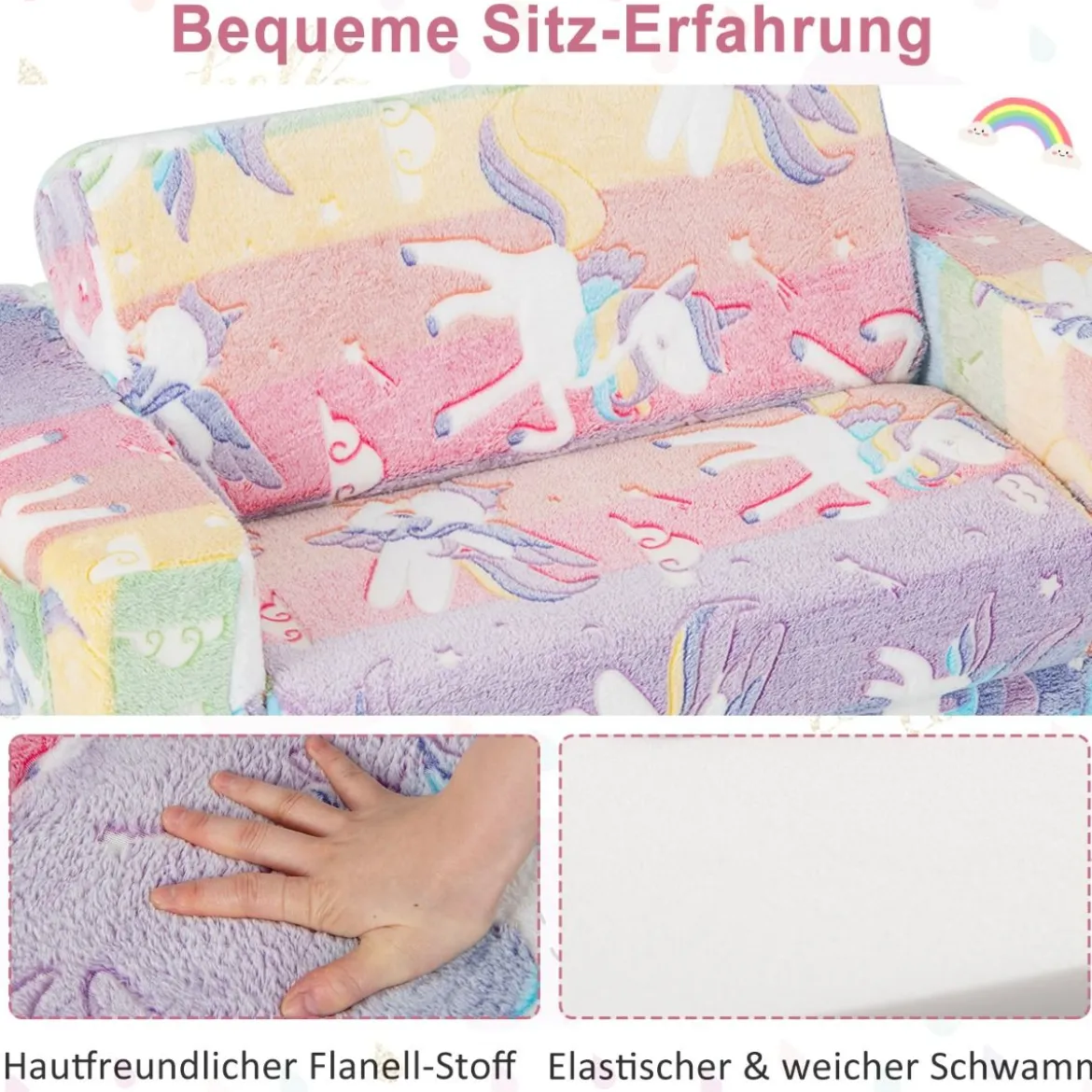 2 in 1 Kindersessel im Dunkeln Leuchtend Ausklappbares Kindersofa aus Samt Kindercouch