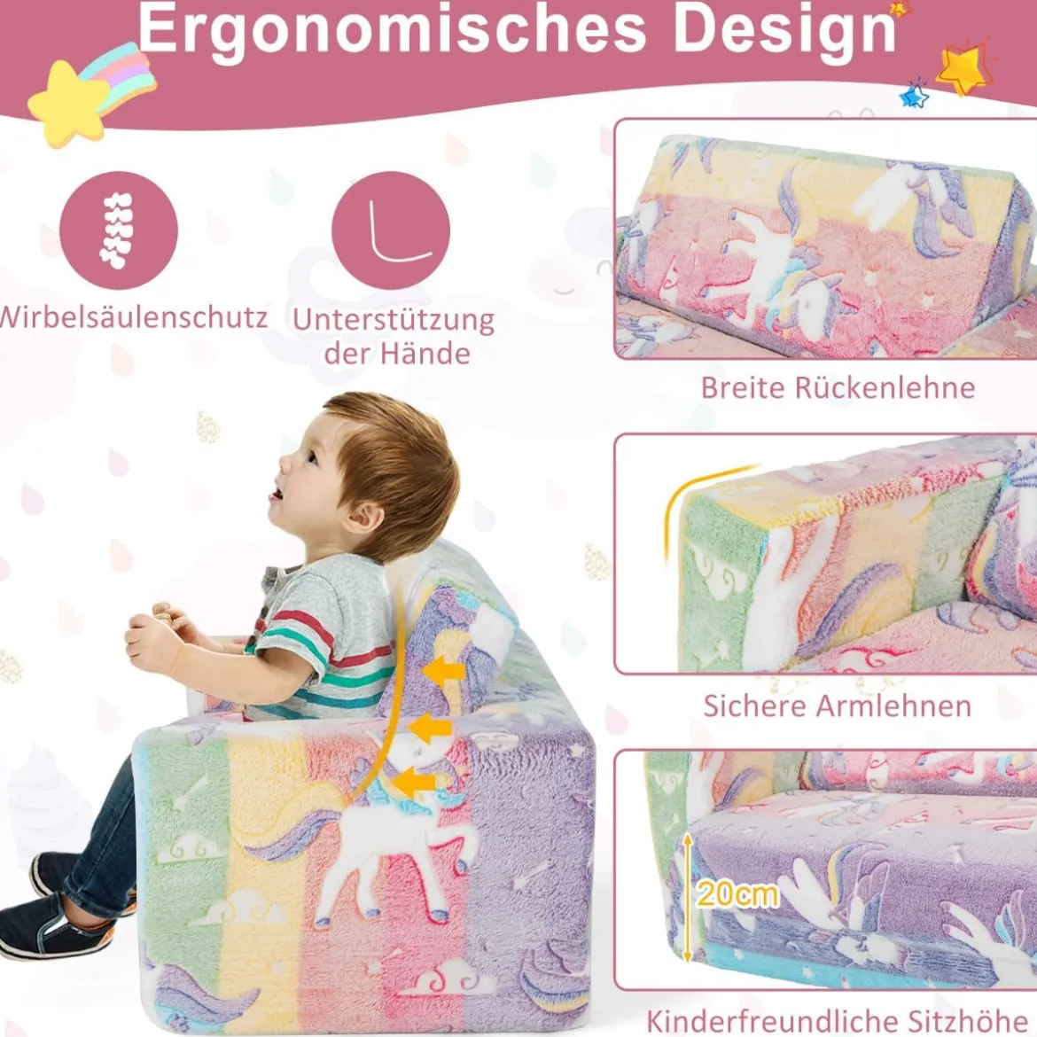 2 in 1 Kindersessel im Dunkeln Leuchtend Ausklappbares Kindersofa aus Samt Kindercouch