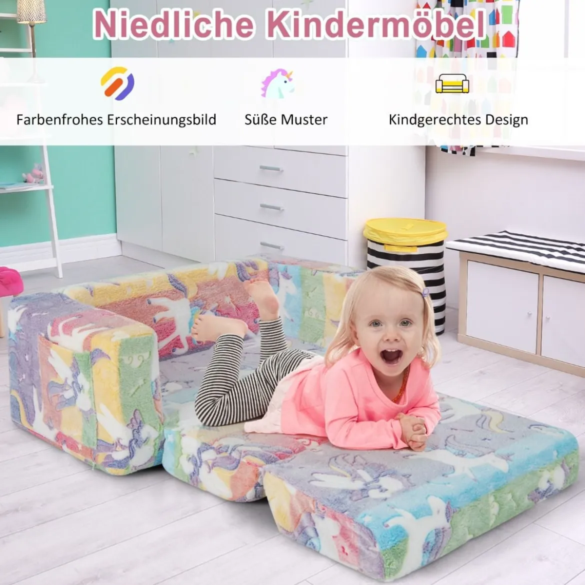 2 in 1 Kindersessel im Dunkeln Leuchtend Ausklappbares Kindersofa aus Samt Kindercouch