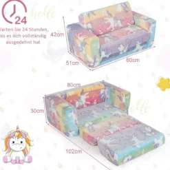 2 in 1 Kindersessel im Dunkeln Leuchtend Ausklappbares Kindersofa aus Samt Kindercouch