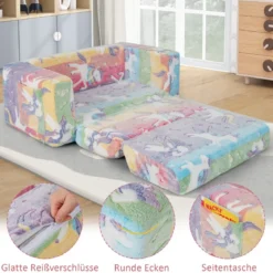 2 in 1 Kindersessel im Dunkeln Leuchtend Ausklappbares Kindersofa aus Samt Kindercouch