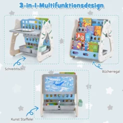 3 in 1 Kinder Sitzgruppe & Tafel & Bücherregal mit 3 Aufbewahrungsboxen & Hocker Grau + Blau