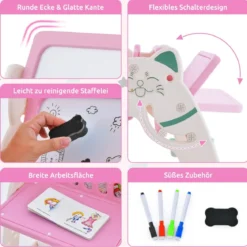 3 in 1 Kinder Sitzgruppe & Tafel & Bücherregal mit 3 Aufbewahrungsboxen & Hocker Rosa