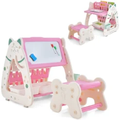 3 in 1 Kinder Sitzgruppe & Tafel & Bücherregal mit 3 Aufbewahrungsboxen & Hocker Rosa