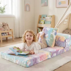 3 in 1 Kindersofa im Dunkeln Leuchtend mit Kissen & Abnehmbarem Bezug Gepolsterter Kindersessel Bunt