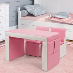 2 in 1 Kindersofa mit Tisch & 2 Stühle & Holzrahmen & PVC-Oberfläche Rosa
