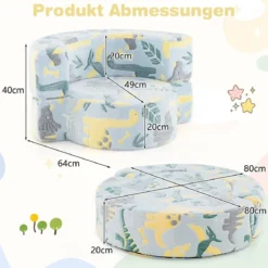 2 in 1 Kindersofa rund Spielsofa im Dunkeln Leuchtend Kindercouch gepolstert mit abnehmbarem Bezug Grau/Blau