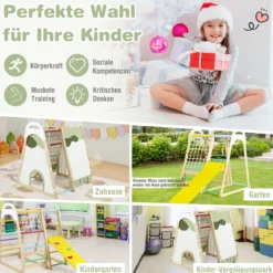 6-in-1 Kinderspielplatz für drinnen Holz Klettergerüst mit Rutsche Affenstangen Natur