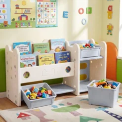2 in 1 Kinder Spielzeugregal mit Bücherregal 2-stufiges Kinderbuchregal mit 4 Aufbewahrungsboxen Weiß