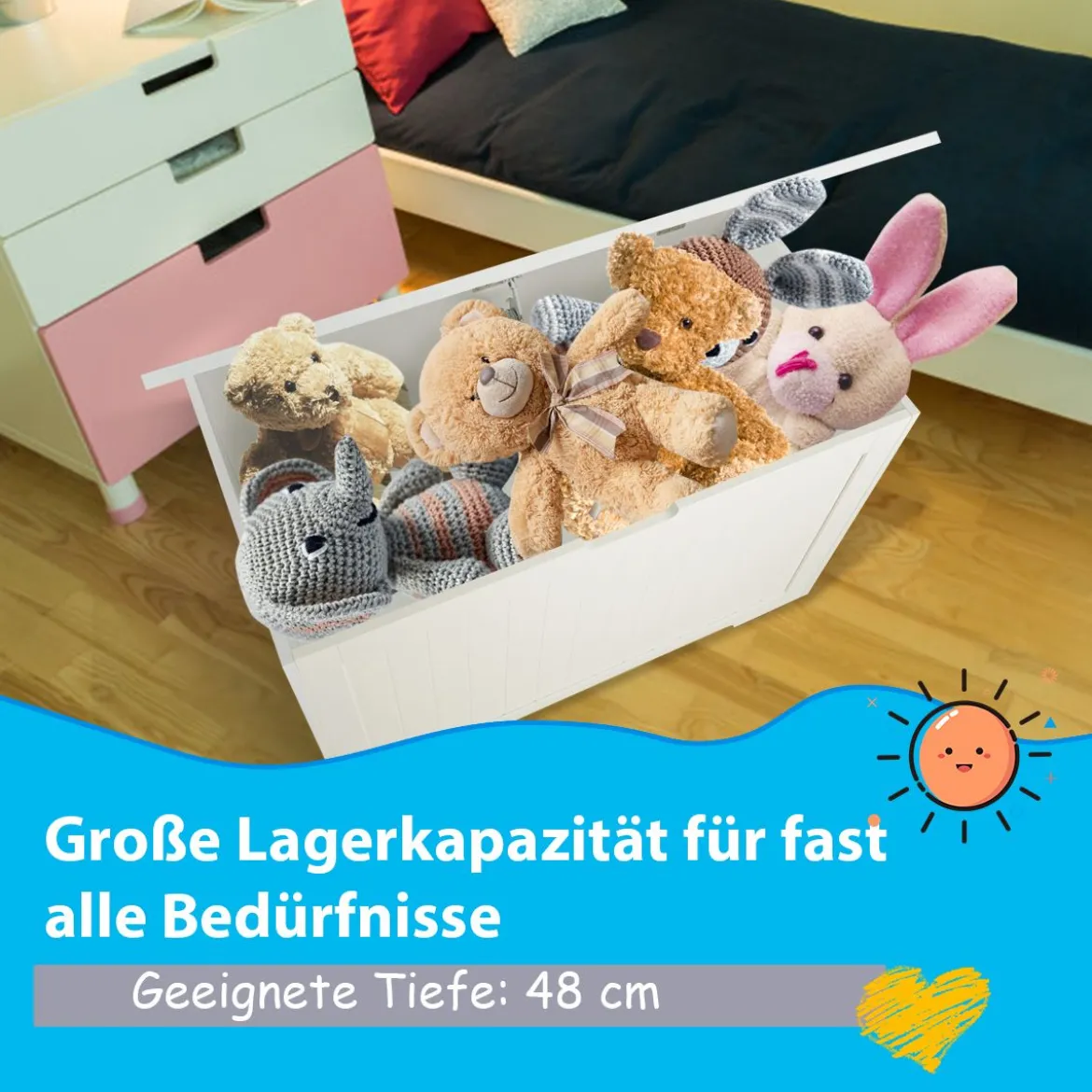 2 in 1 Kinder Spielzeugtruhe aus Holz mit Deckel & Seitengriffe Aufbewahrungsruhe 113L Weiß