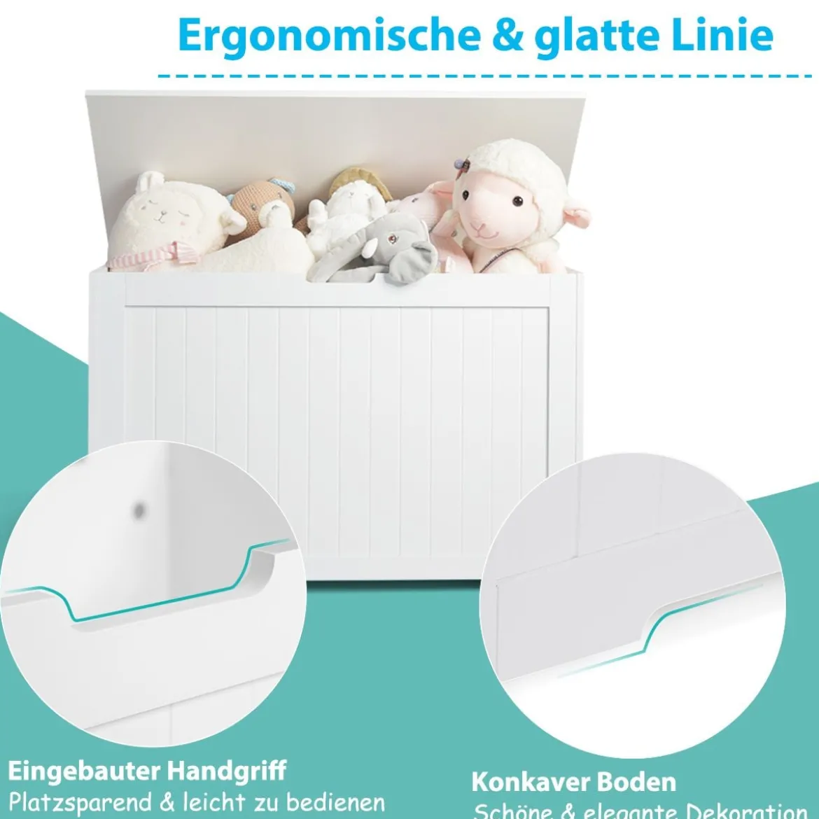 2 in 1 Kinder Spielzeugtruhe aus Holz mit Deckel & Seitengriffe Aufbewahrungsruhe 113L Weiß