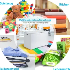 2 in 1 Kinder Spielzeugtruhe aus Holz mit Deckel & Seitengriffe Aufbewahrungsruhe 113L Weiß