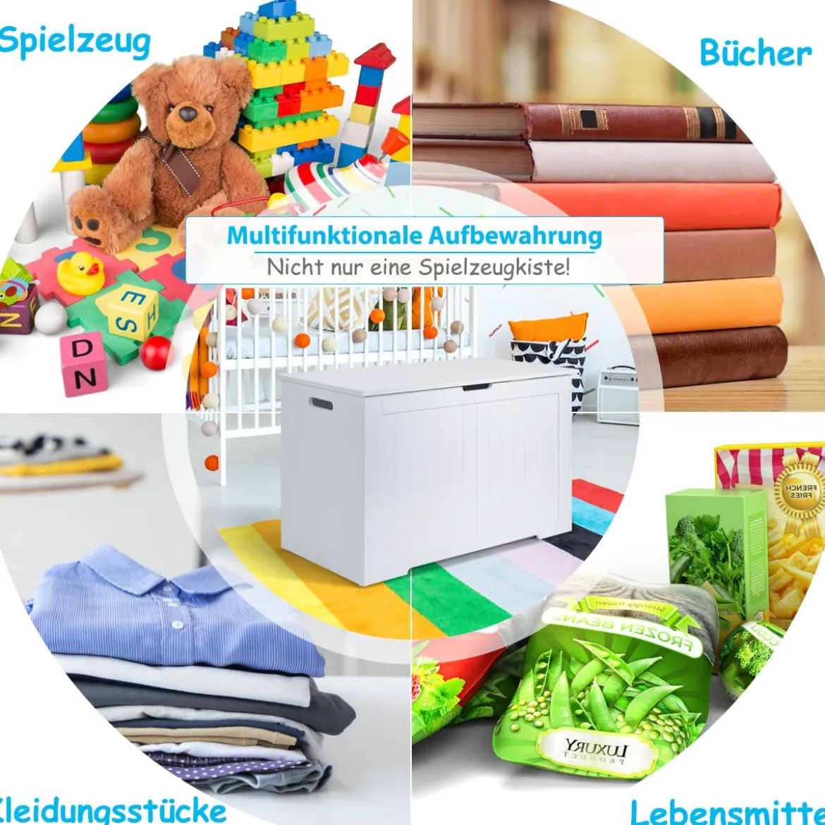 2 in 1 Kinder Spielzeugtruhe aus Holz mit Deckel & Seitengriffe Aufbewahrungsruhe 113L Weiß
