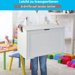 2 in 1 Kinder Spielzeugtruhe aus Holz mit Deckel & Seitengriffe Aufbewahrungsruhe 113L Weiß