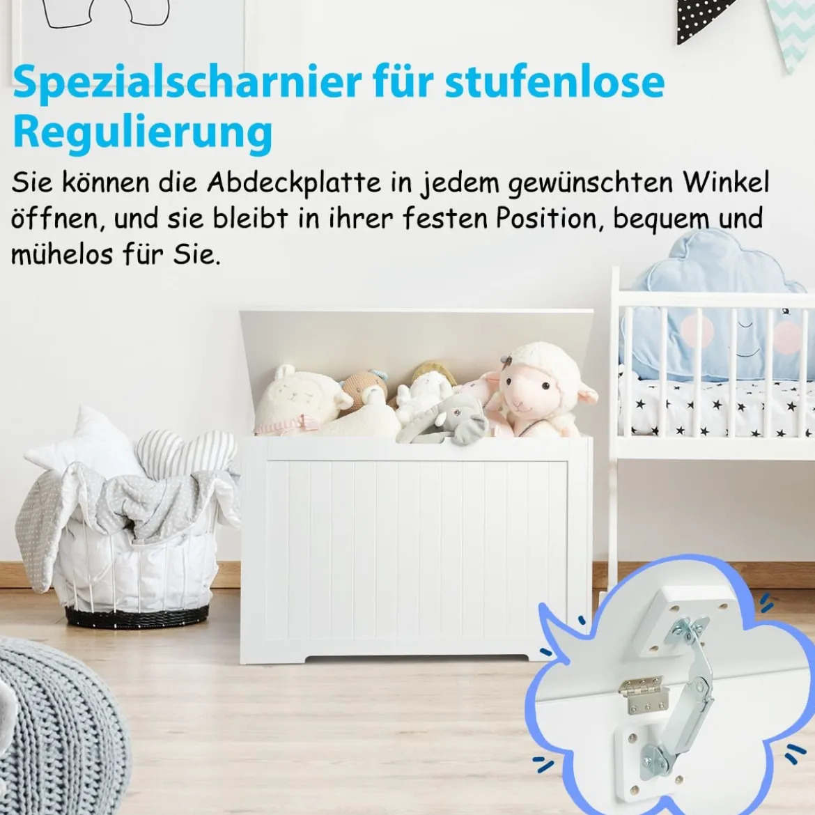 2 in 1 Kinder Spielzeugtruhe aus Holz mit Deckel & Seitengriffe Aufbewahrungsruhe 113L Weiß