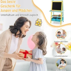 3 in 1 Kinder Staffelei Doppelseitig Whiteboard & Kreidetafel & Zeichenpapier Gelb + Blau