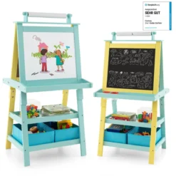 3 in 1 Kinder Staffelei Doppelseitig Whiteboard & Kreidetafel & Zeichenpapier Gelb + Blau