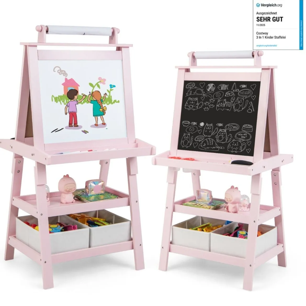 3 in 1 Kinder Staffelei Doppelseitig Whiteboard & Kreidetafel & Zeichenpapier Rosa