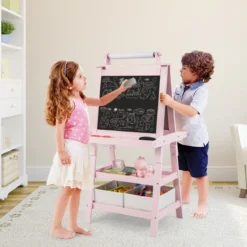 3 in 1 Kinder Staffelei Doppelseitig Whiteboard & Kreidetafel & Zeichenpapier Rosa