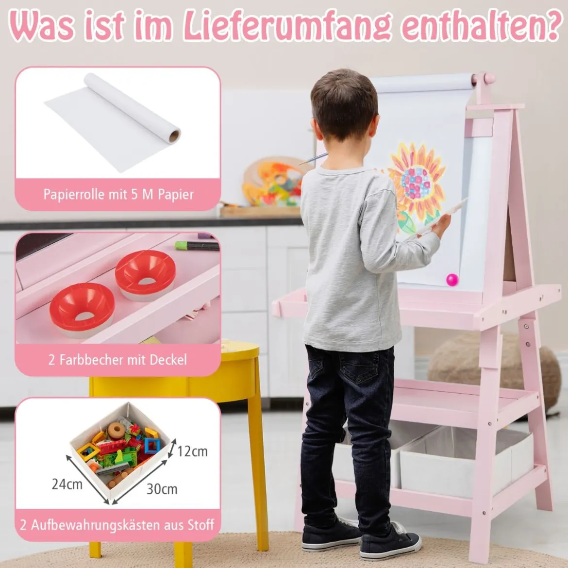 3 in 1 Kinder Staffelei Doppelseitig Whiteboard & Kreidetafel & Zeichenpapier Rosa