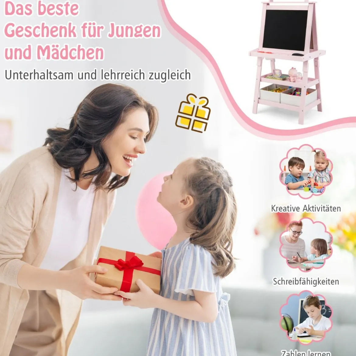 3 in 1 Kinder Staffelei Doppelseitig Whiteboard & Kreidetafel & Zeichenpapier Rosa