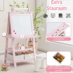 3 in 1 Kinder Staffelei Doppelseitig Whiteboard & Kreidetafel & Zeichenpapier Rosa