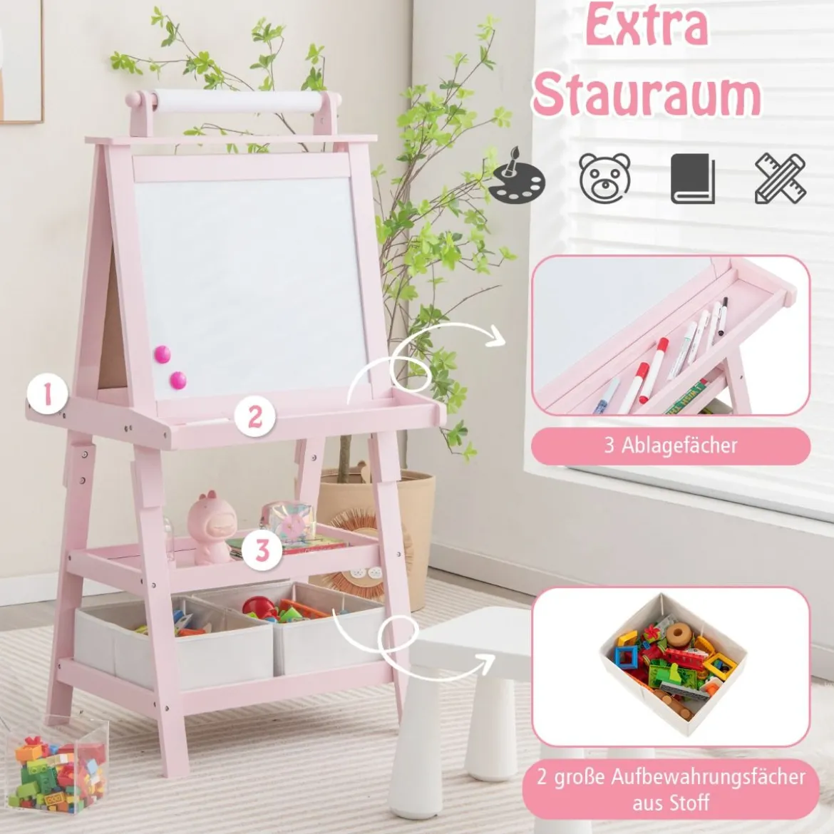 3 in 1 Kinder Staffelei Doppelseitig Whiteboard & Kreidetafel & Zeichenpapier Rosa