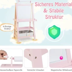 3 in 1 Kinder Staffelei Doppelseitig Whiteboard & Kreidetafel & Zeichenpapier Rosa