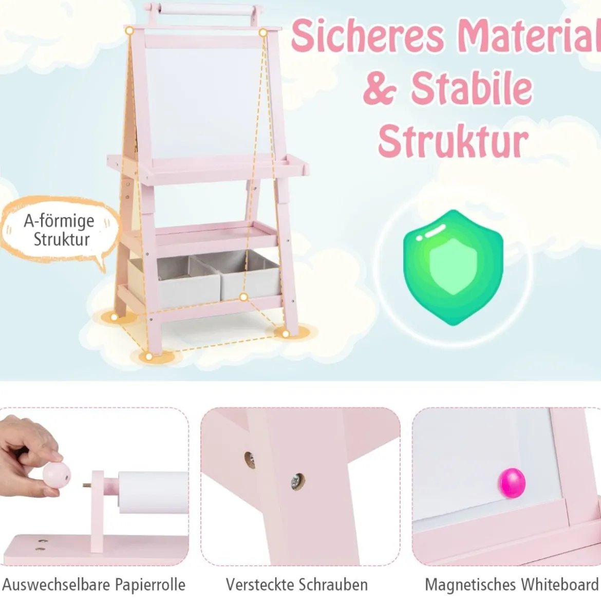 3 in 1 Kinder Staffelei Doppelseitig Whiteboard & Kreidetafel & Zeichenpapier Rosa