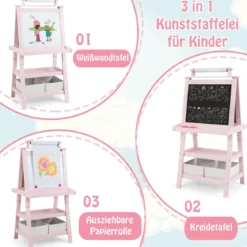 3 in 1 Kinder Staffelei Doppelseitig Whiteboard & Kreidetafel & Zeichenpapier Rosa