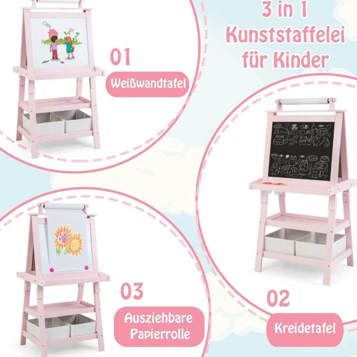 3 in 1 Kinder Staffelei Doppelseitig Whiteboard & Kreidetafel & Zeichenpapier Rosa