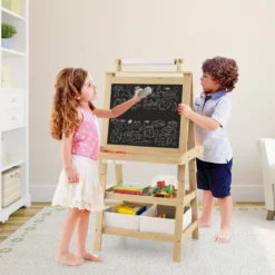 3 in 1 Kinder Staffelei Doppelseitig Whiteboard & Kreidetafel & Zeichenpapier Natur