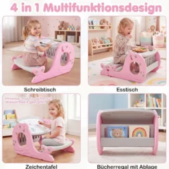 4 in 1 Kinder Staffelei in Walform mit Bank & Doppelseitiger Tischplatte & Whiteboard Rosa