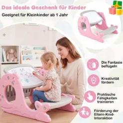 4 in 1 Kinder Staffelei in Walform mit Bank & Doppelseitiger Tischplatte & Whiteboard Rosa