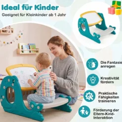 4 in 1 Kinder Staffelei in Walform mit Bank & Doppelseitiger Tischplatte & Whiteboard Gelb