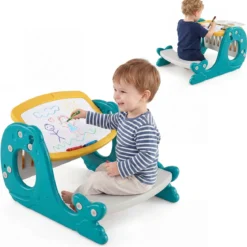 4 in 1 Kinder Staffelei in Walform mit Bank & Doppelseitiger Tischplatte & Whiteboard Gelb