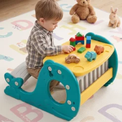 4 in 1 Kinder Staffelei in Walform mit Bank & Doppelseitiger Tischplatte & Whiteboard Gelb