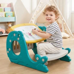 4 in 1 Kinder Staffelei in Walform mit Bank & Doppelseitiger Tischplatte & Whiteboard Gelb