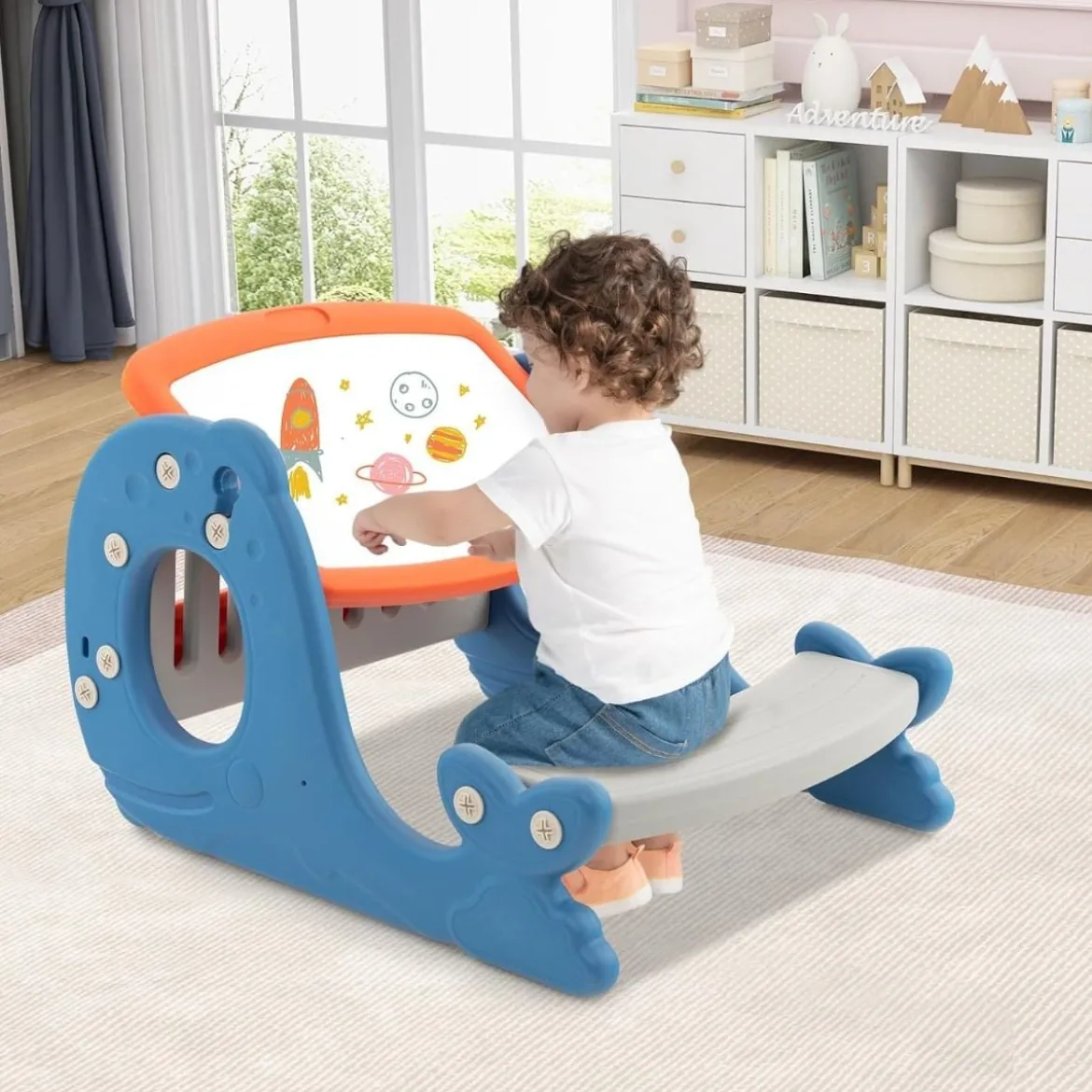 4 in 1 Kinder Staffelei in Walform mit Bank & doppelseitiger Tischplatte & Whiteboard