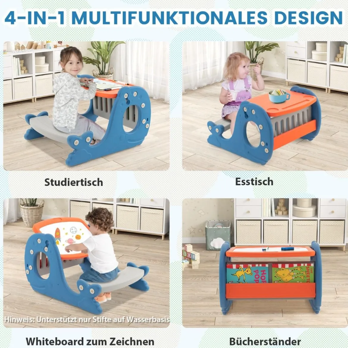 4 in 1 Kinder Staffelei in Walform mit Bank & doppelseitiger Tischplatte & Whiteboard