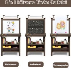 3 in 1 Kinder Staffelei Kindertafel doppelseitig Whiteboard Standtafel inkl. Magneten für Kleinkinder Kaffee
