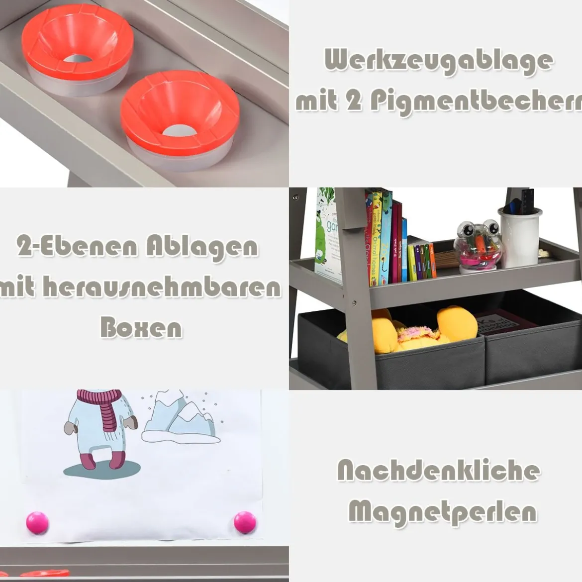 3 in 1 Kinder Staffelei Kindertafel doppelseitig Whiteboard & Kreidetafel & Zeichenpapier für Kleinkinder Grau