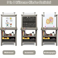 3 in 1 Kinder Staffelei Kindertafel doppelseitig Whiteboard & Kreidetafel & Zeichenpapier für Kleinkinder Grau