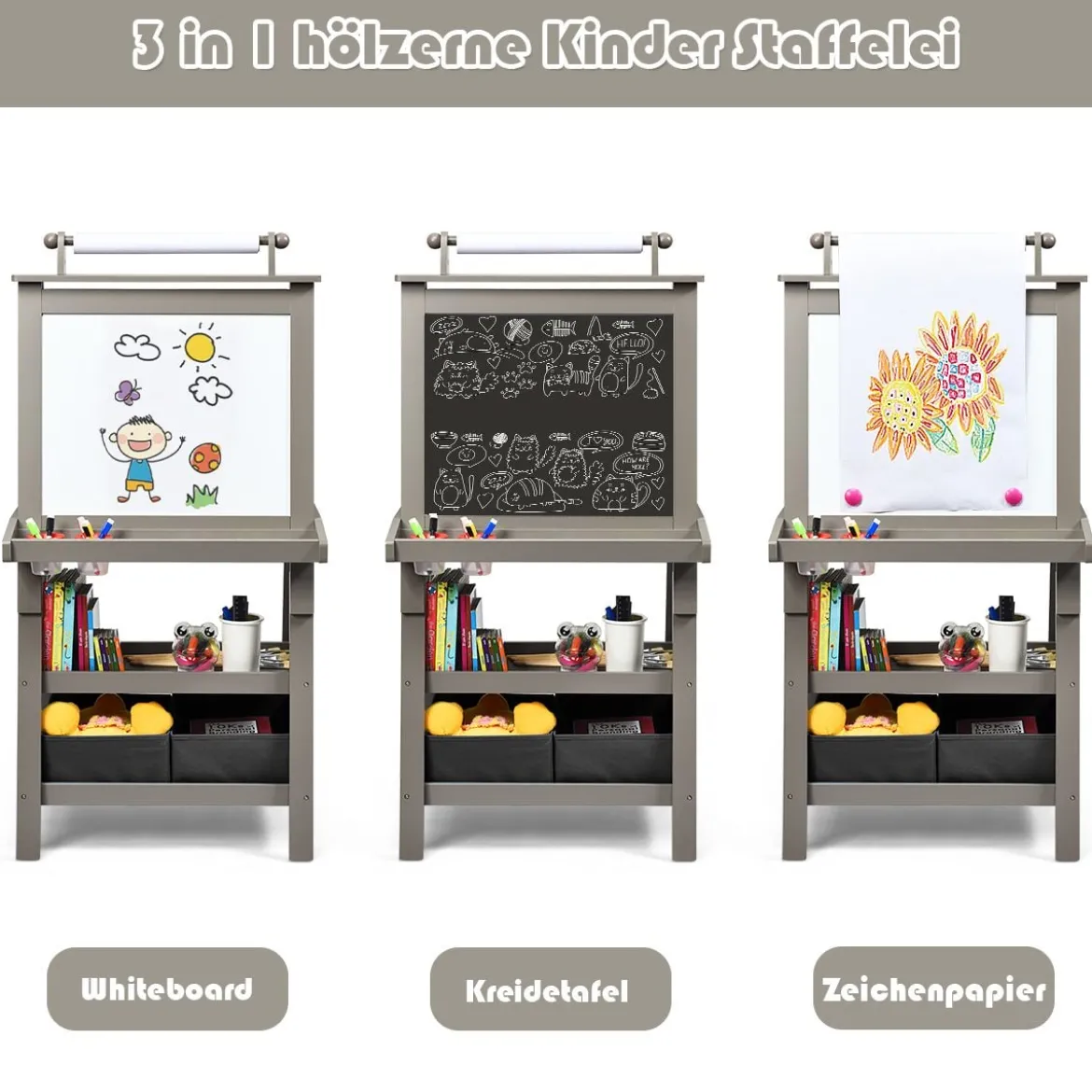 3 in 1 Kinder Staffelei Kindertafel doppelseitig Whiteboard & Kreidetafel & Zeichenpapier für Kleinkinder Grau