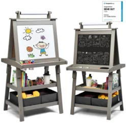 3 in 1 Kinder Staffelei Kindertafel doppelseitig Whiteboard & Kreidetafel & Zeichenpapier für Kleinkinder Grau