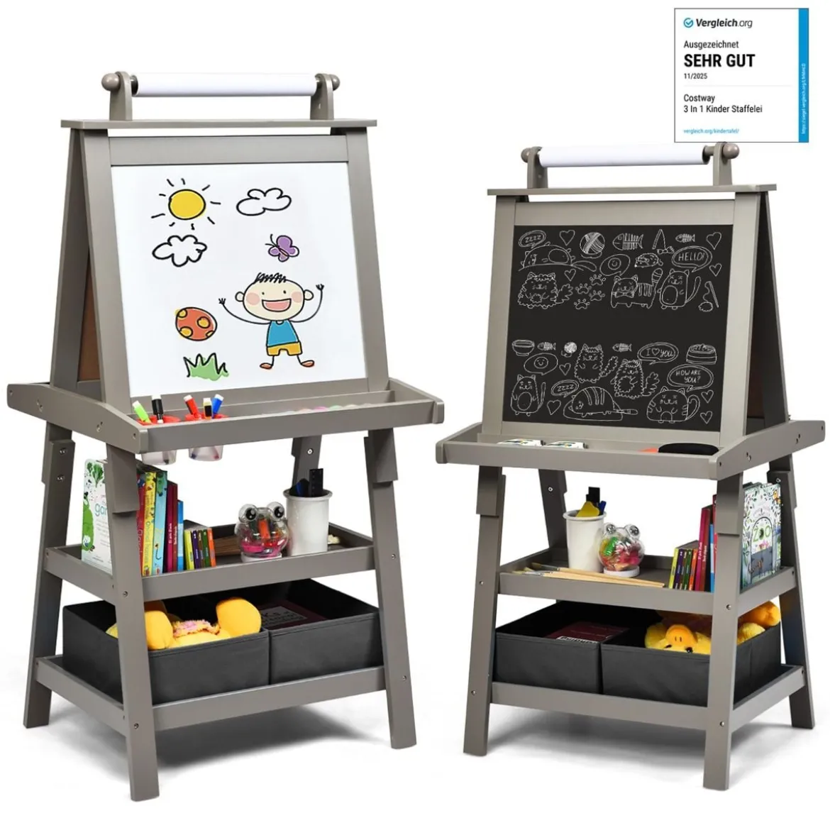 3 in 1 Kinder Staffelei Kindertafel doppelseitig Whiteboard & Kreidetafel & Zeichenpapier für Kleinkinder Grau