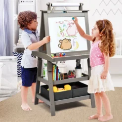 3 in 1 Kinder Staffelei Kindertafel doppelseitig Whiteboard & Kreidetafel & Zeichenpapier für Kleinkinder Grau