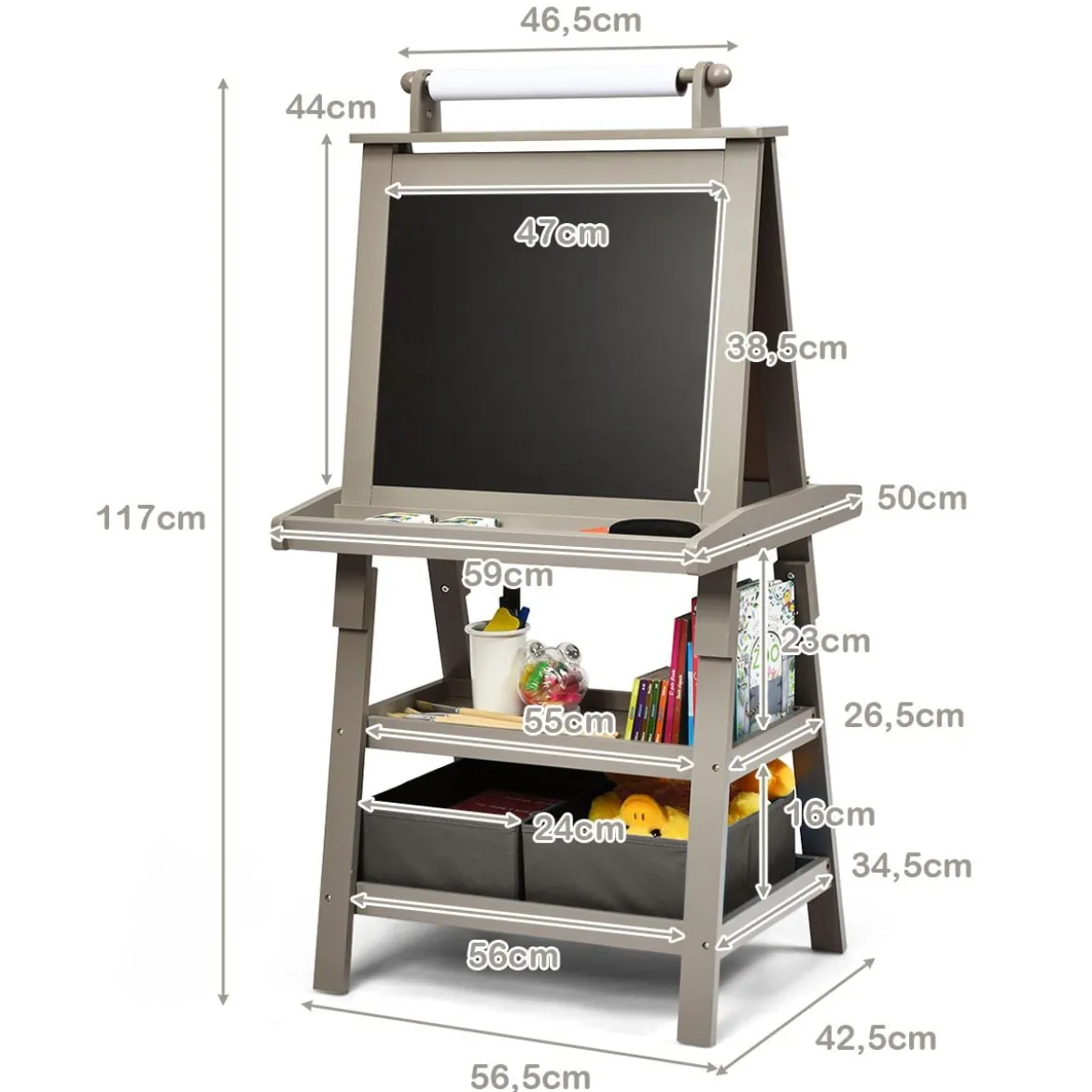 3 in 1 Kinder Staffelei Kindertafel doppelseitig Whiteboard & Kreidetafel & Zeichenpapier für Kleinkinder Grau