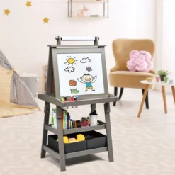 3 in 1 Kinder Staffelei Kindertafel doppelseitig Whiteboard & Kreidetafel & Zeichenpapier für Kleinkinder Grau