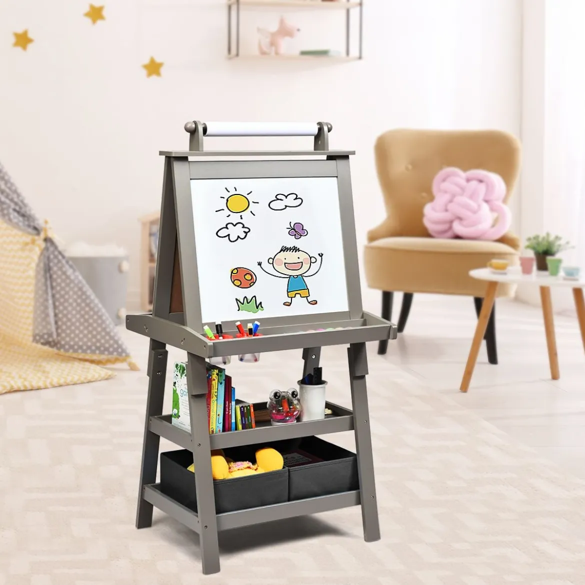 3 in 1 Kinder Staffelei Kindertafel doppelseitig Whiteboard & Kreidetafel & Zeichenpapier für Kleinkinder Grau